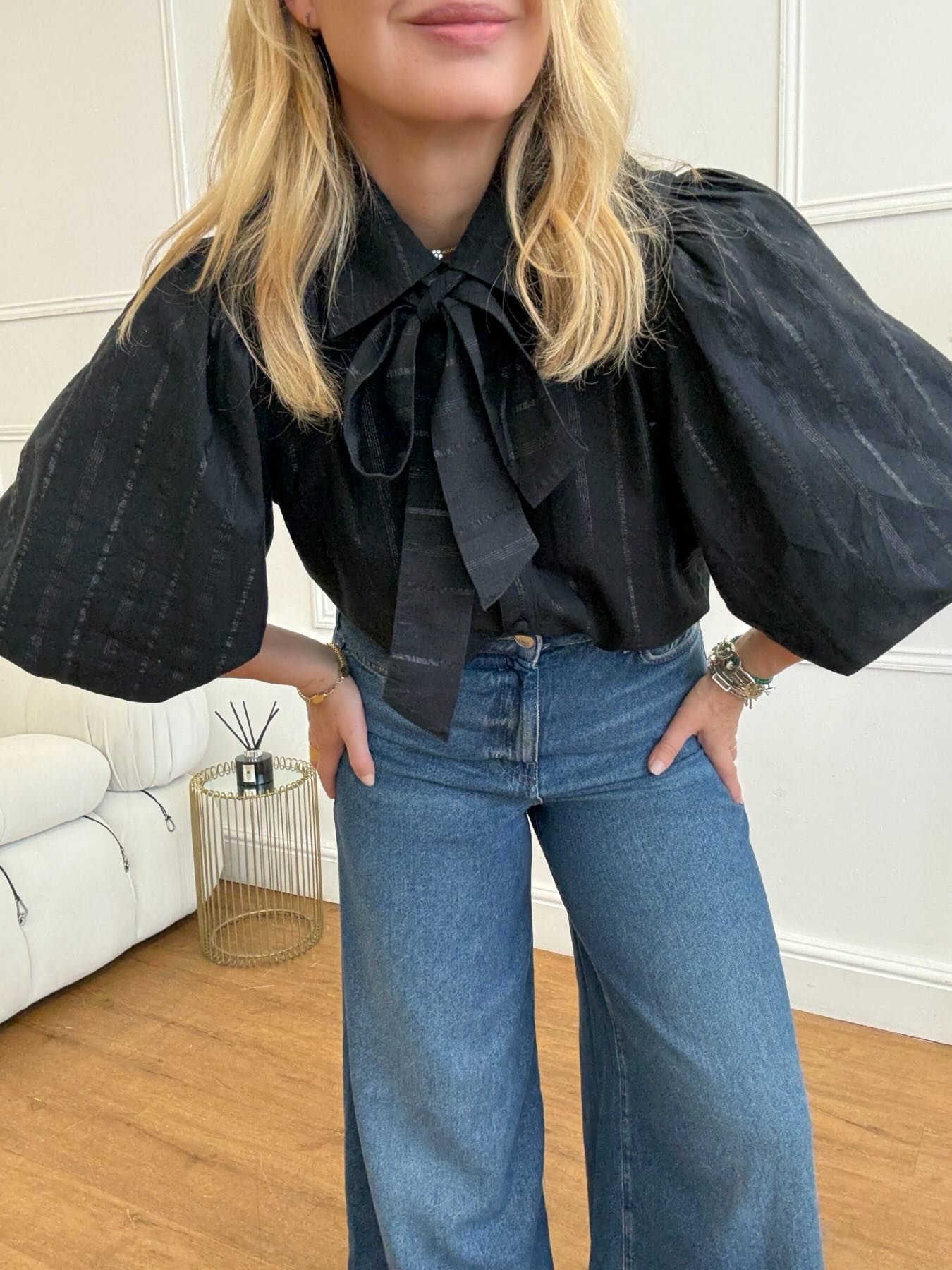 Bianca Puff Sleeve Cotton Lurex Blouse with Tie Black