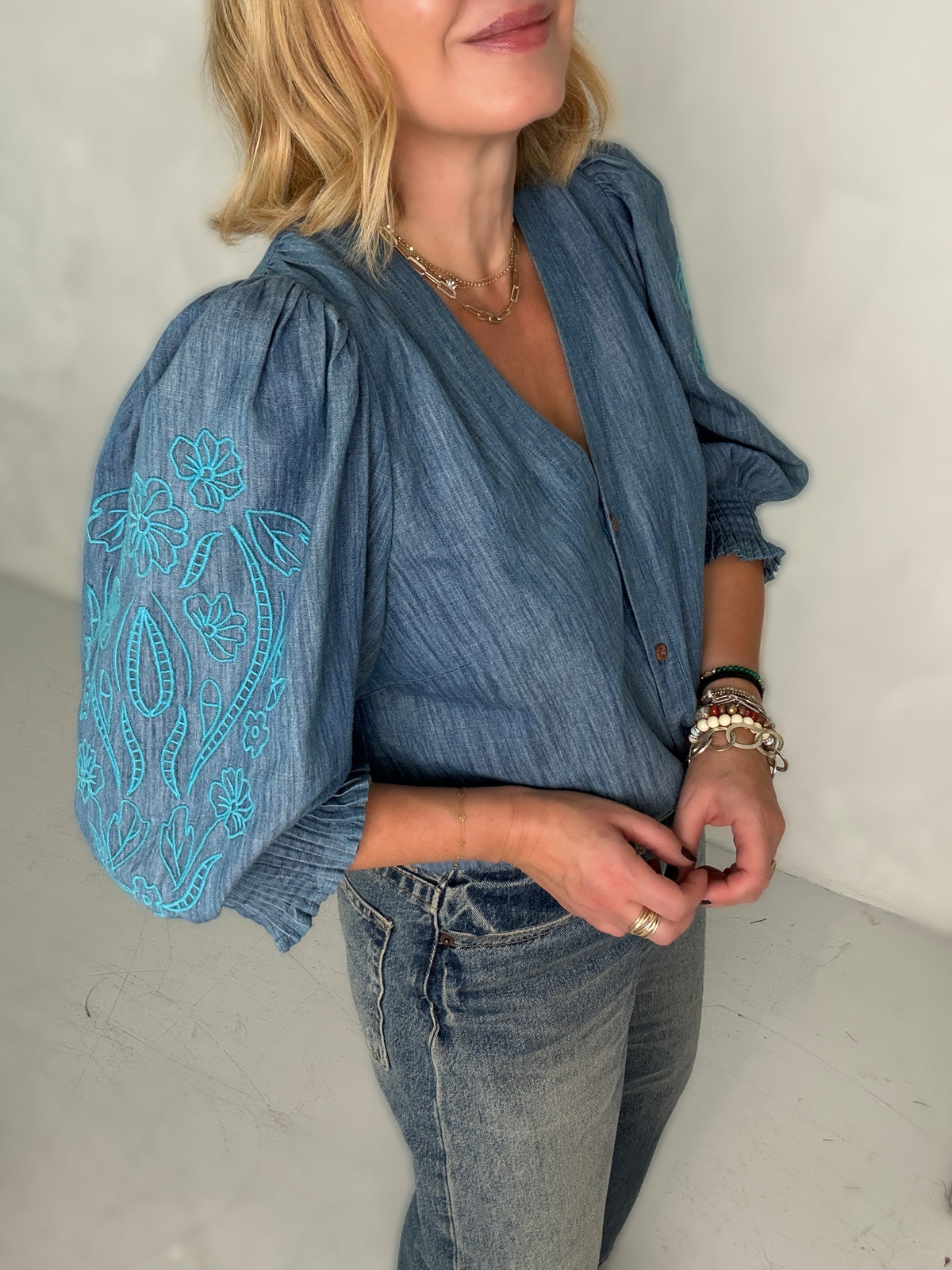 Penny Chambray Pleated Cuff Blouse Peacock Floral Embroidery