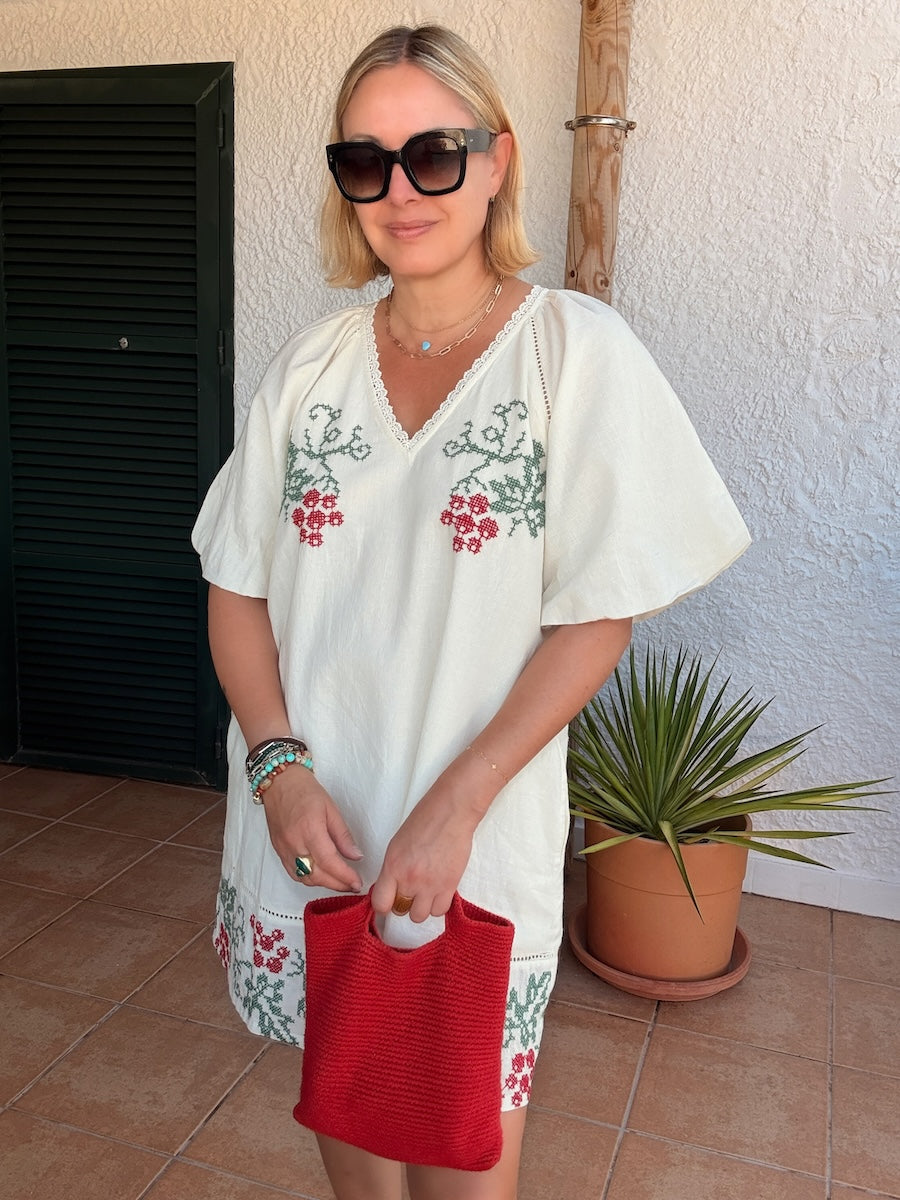 Wendy Short Linen Blend Embroidered Dress Cream