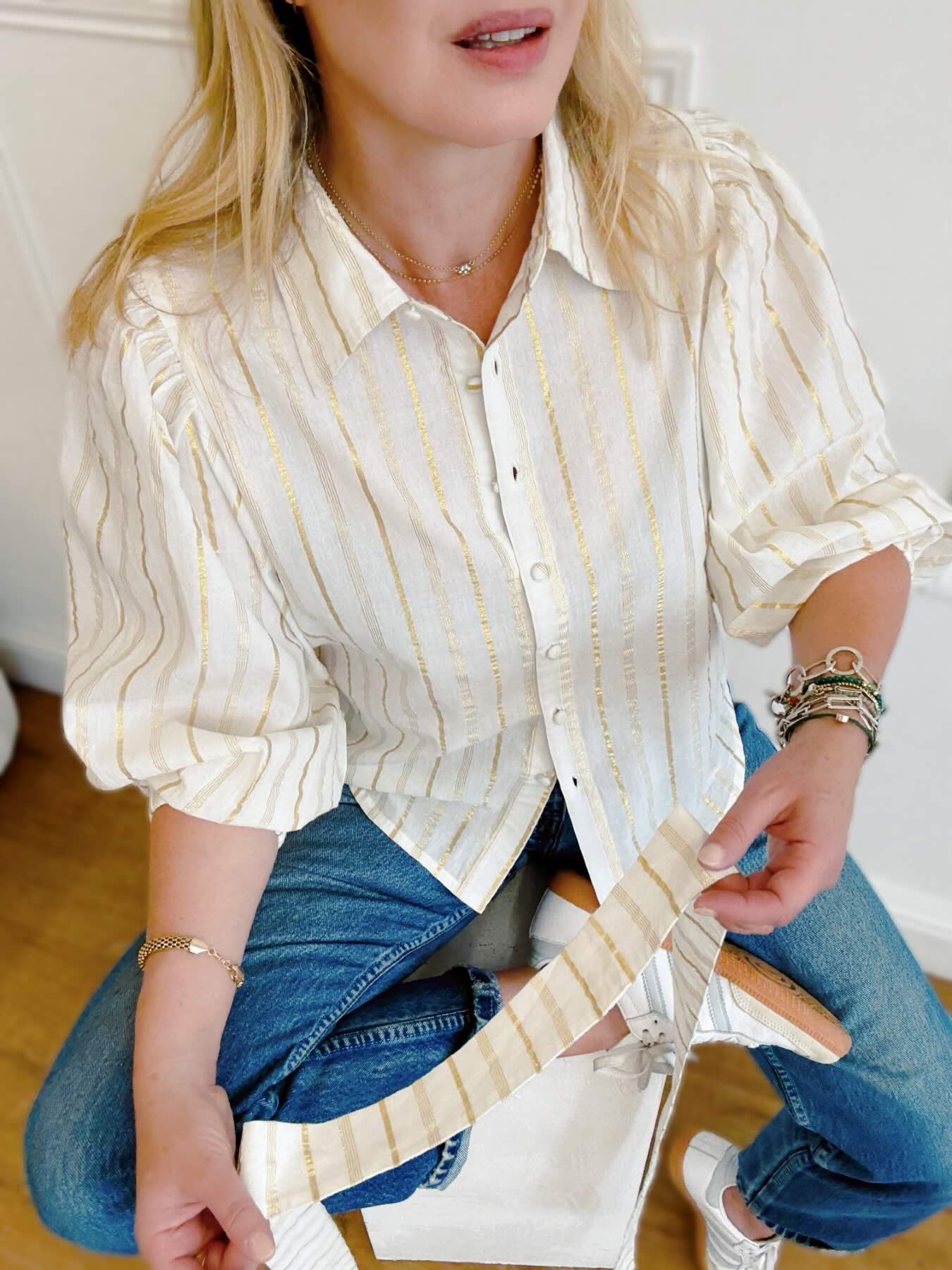 Bianca Puff Sleeve Cotton Lurex Blouse Ivory Gold