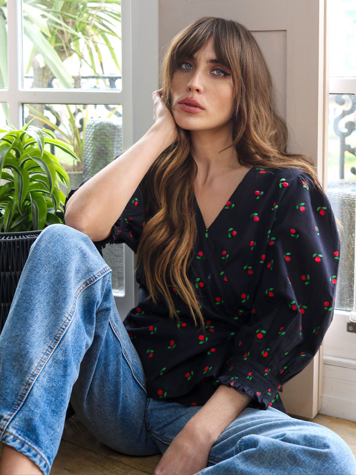 Cara Wrap Blouse with Shirred Cuff Cherry Print