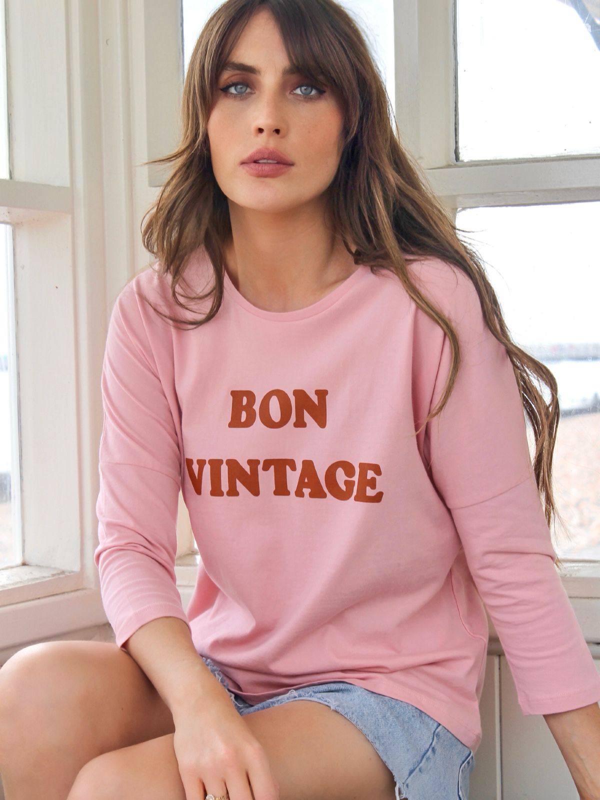 Bon Vintage 3/4 Sleeve Organic Cotton Top Pink Caramel