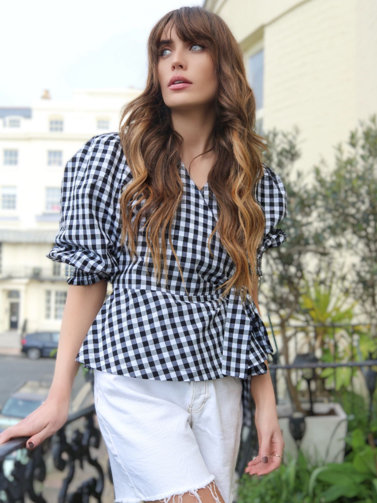 Cara Wrap Blouse with Shirred Cuff Gingham check