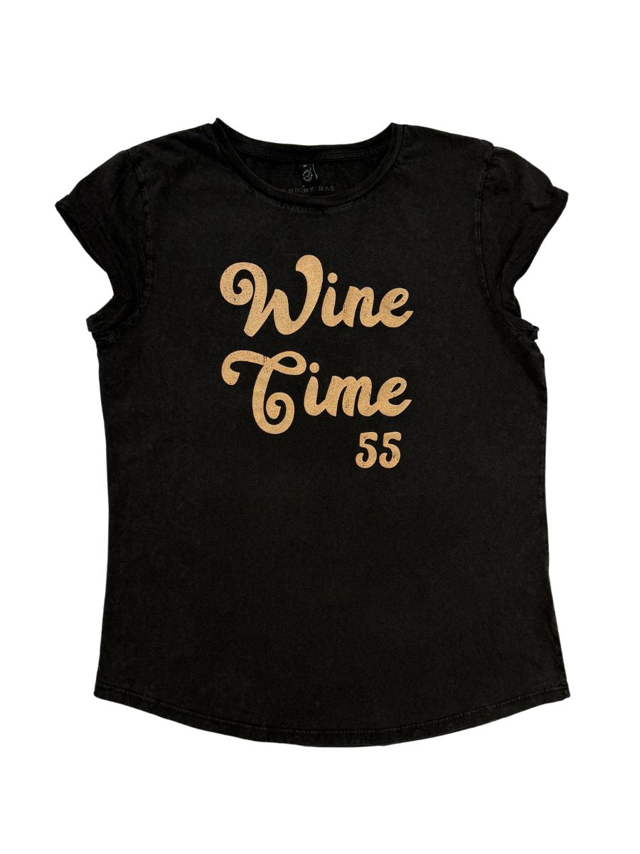 Wine Time 55 T-Shirt Stone Wash Black Gold
