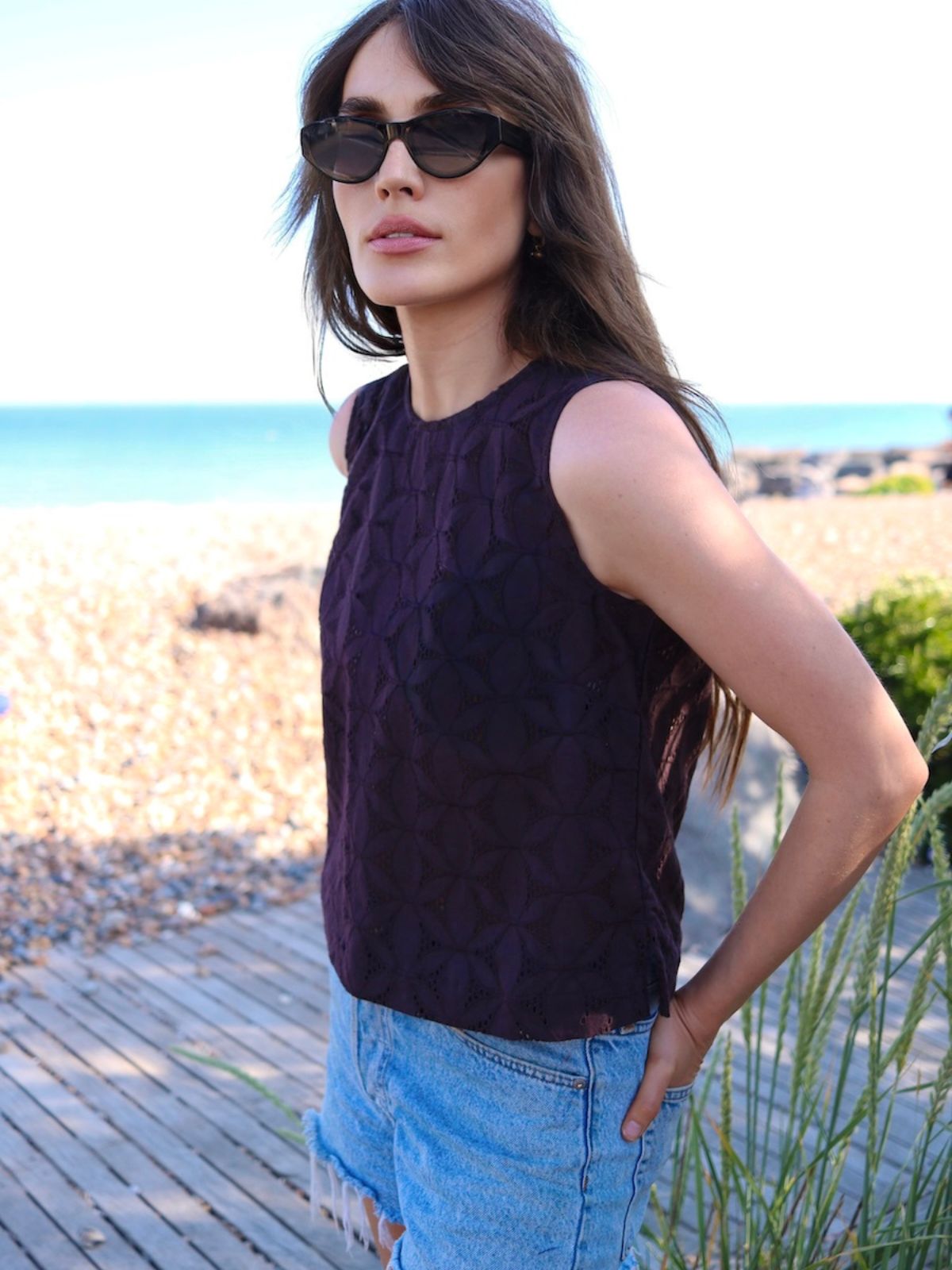 Nancy Broderie Shell Top Dark Liquorice Brown