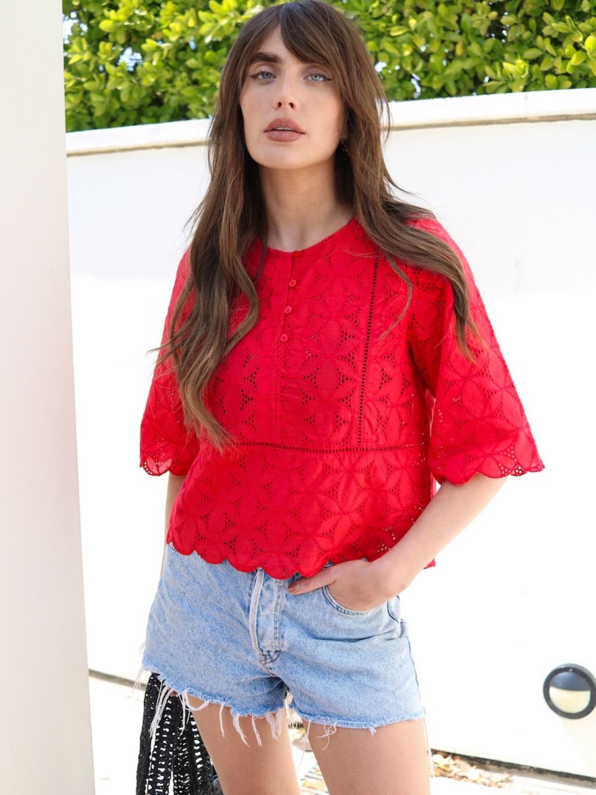 Sadie Broderie Blouse Scalloped Edge Red