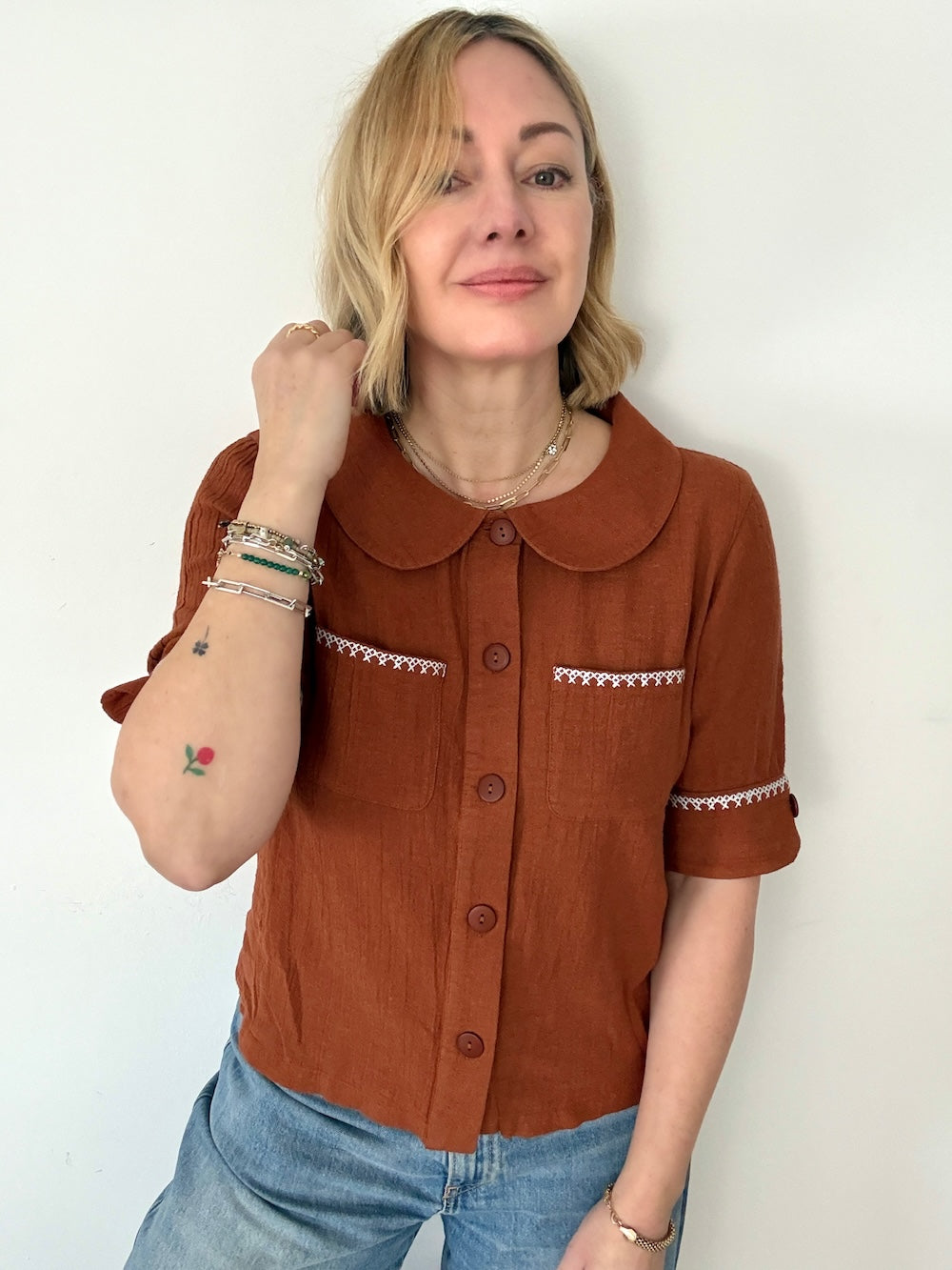 Farrah Crinkle Linen Blend Embroidered Short Sleeve Blouse Gingerbread Brown