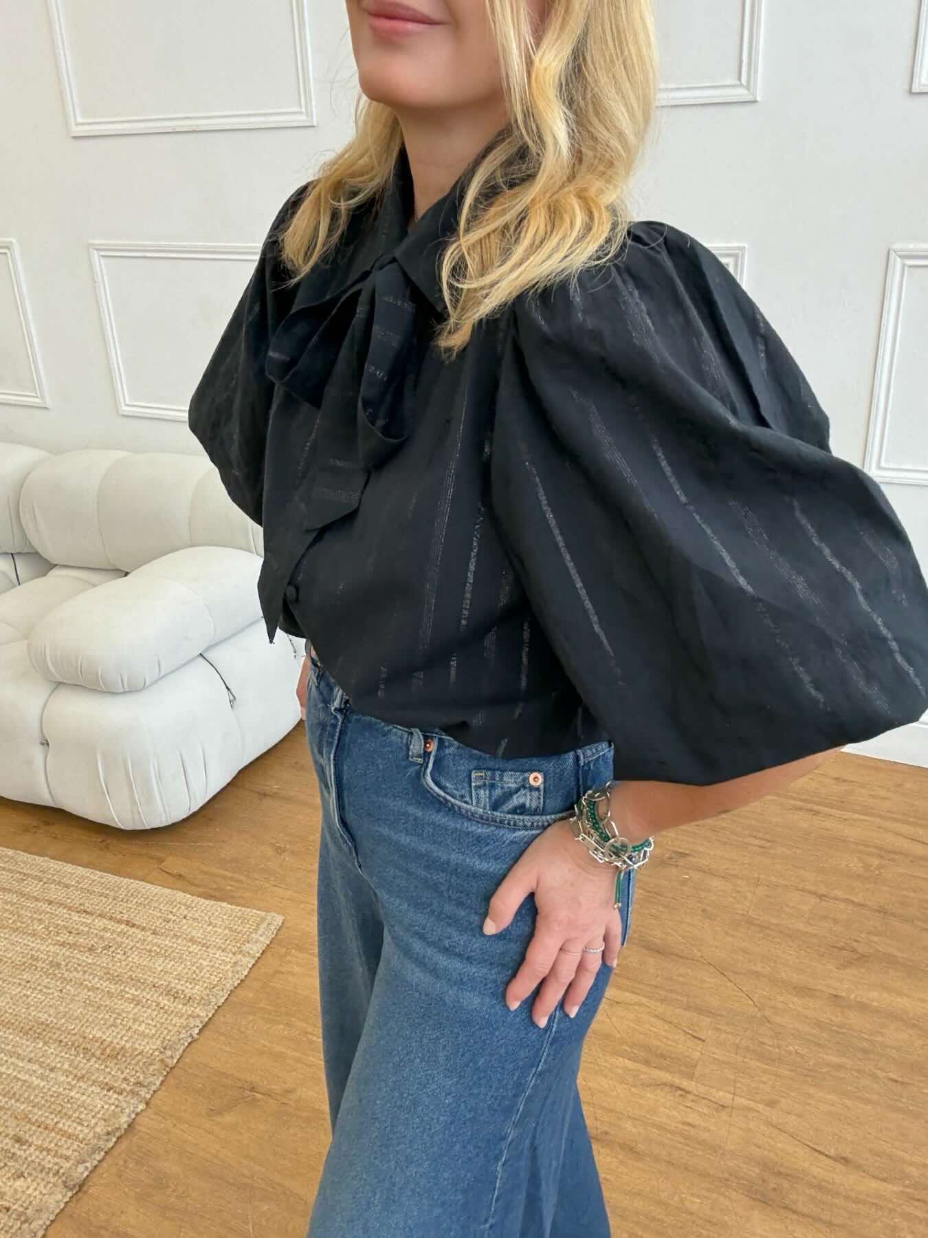 Bianca Puff Sleeve Cotton Lurex Blouse with Tie Black