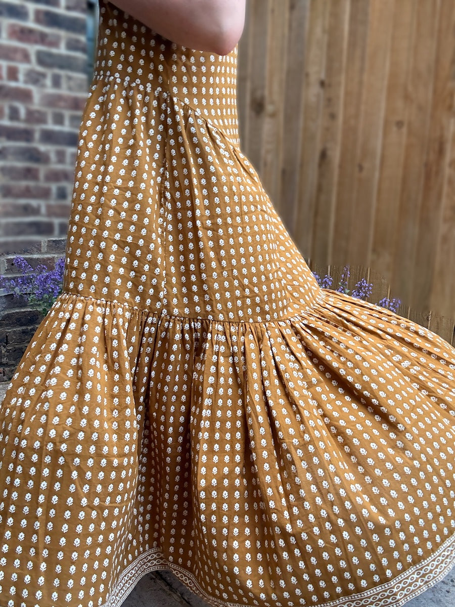 Celeste Organic Cotton Tiered Full Skirt Maxi Dress Mustard