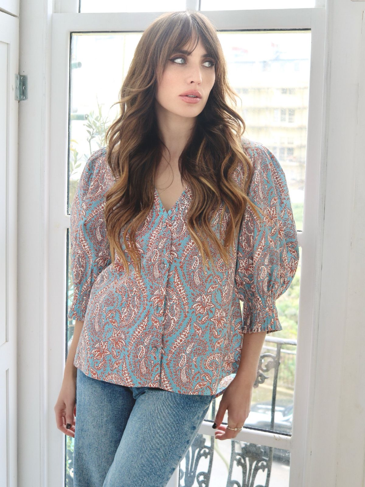 Penny Floral Paisley Pleated Cuff Blouse Blue
