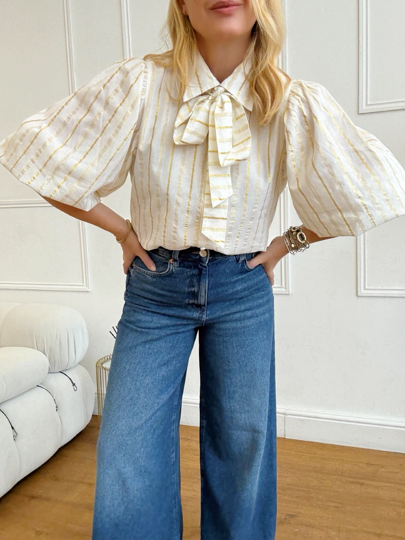 Bianca Puff Sleeve Cotton Lurex Blouse Ivory Gold