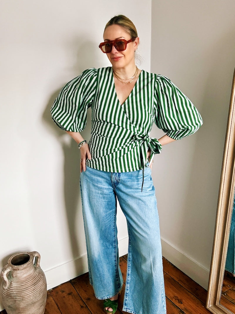 Cara Wrap Blouse Green Stripes