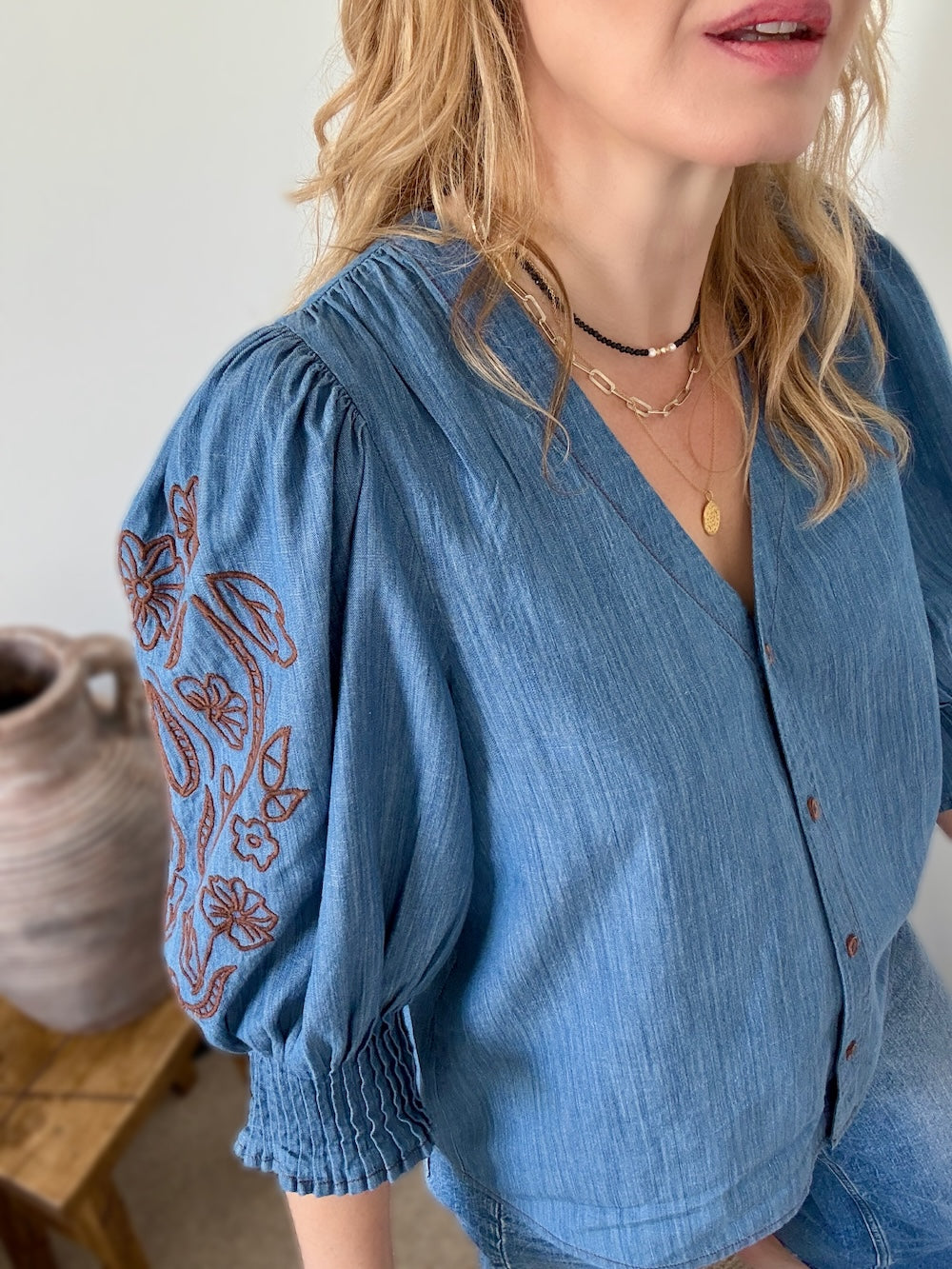 Penny Soft Denim Pleated Cuff Blouse with Embroidery