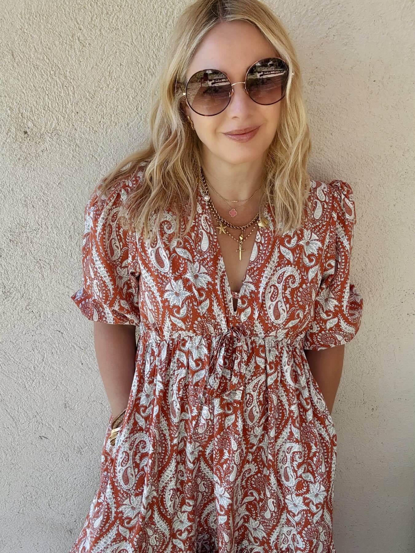Vanessa Long Tiered Dress Floral Paisley Print Burnt Orange