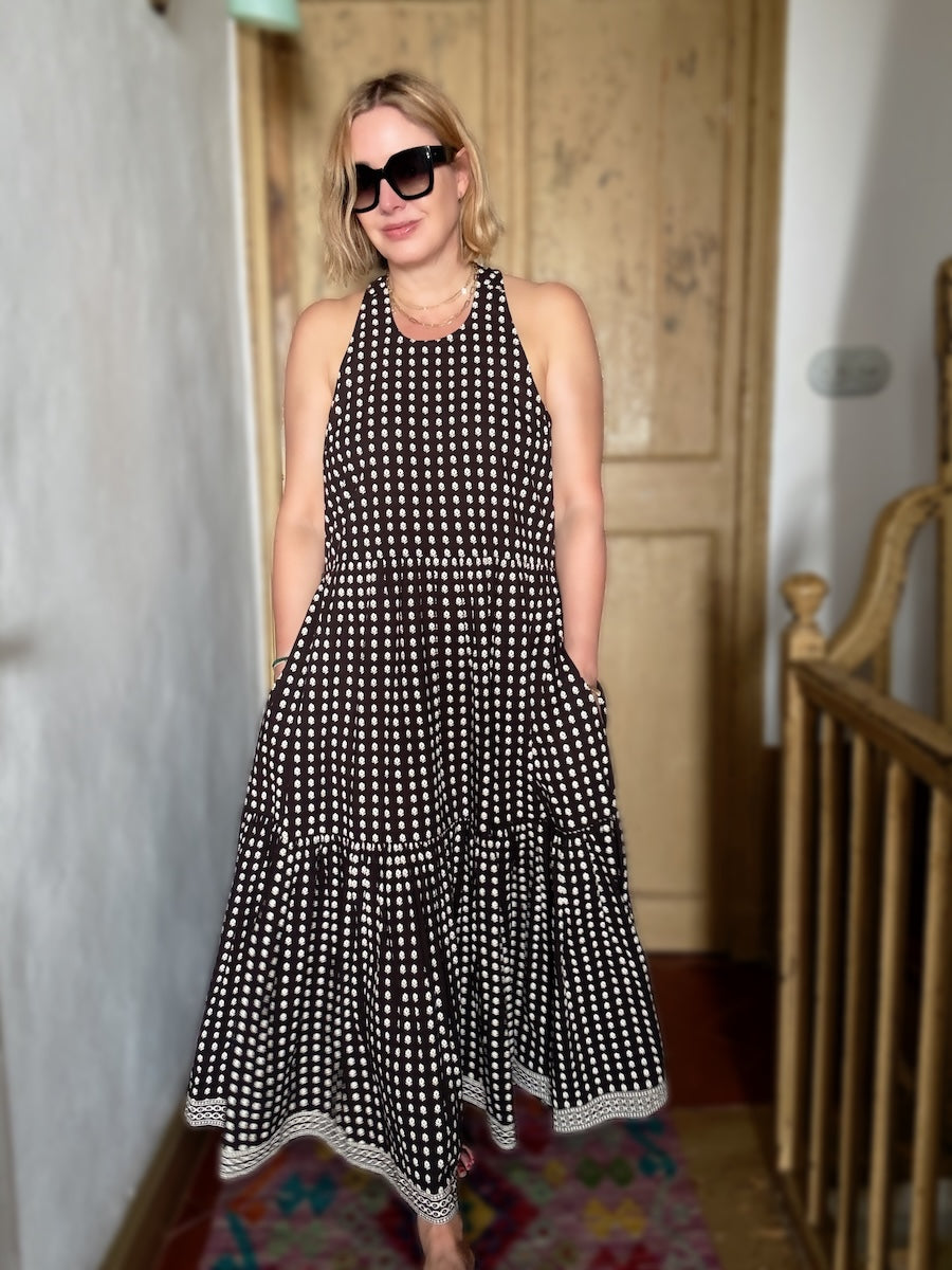Celeste Organic Cotton Tiered Full Skirt Maxi Dress Deep Brown
