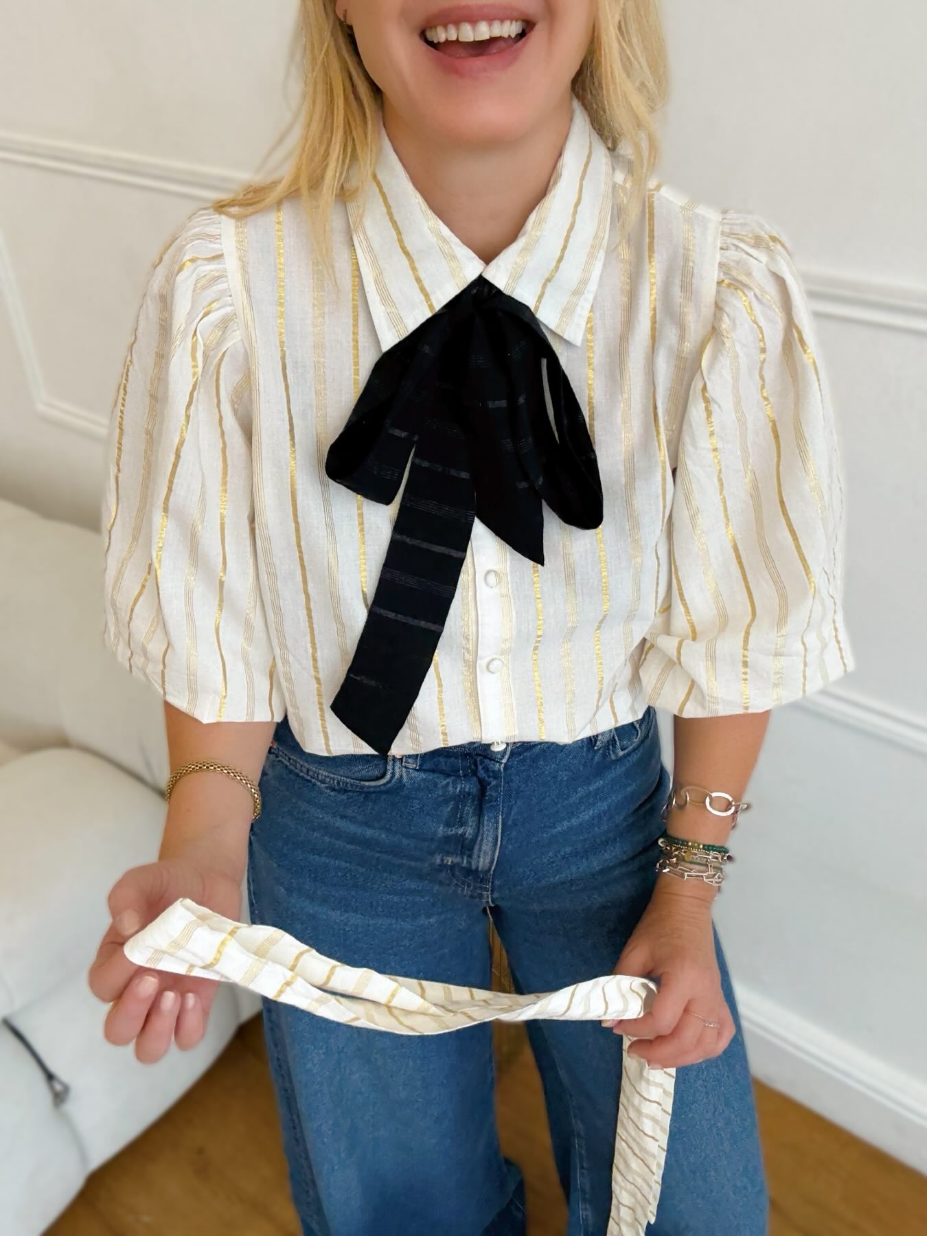 Bianca Puff Sleeve Cotton Lurex Blouse Ivory Gold