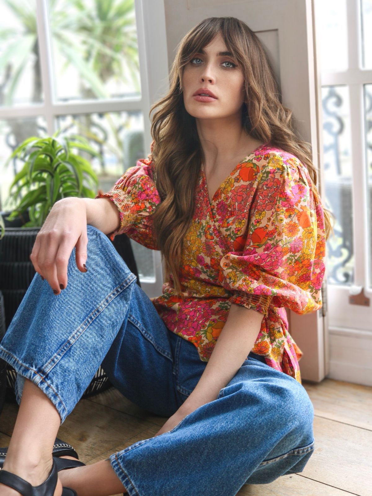 Cara Wrap Blouse with Shirred Cuff Vintage Floral Bloom