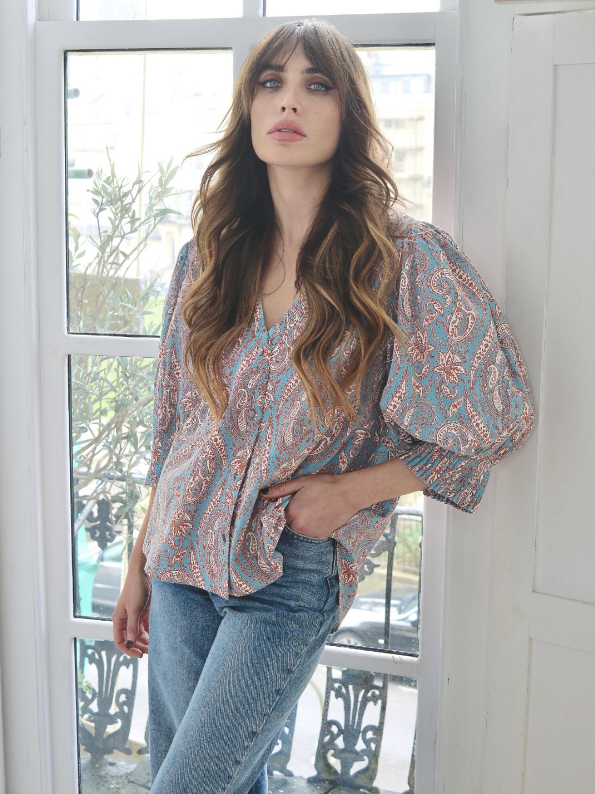 Penny Floral Paisley Pleated Cuff Blouse Blue