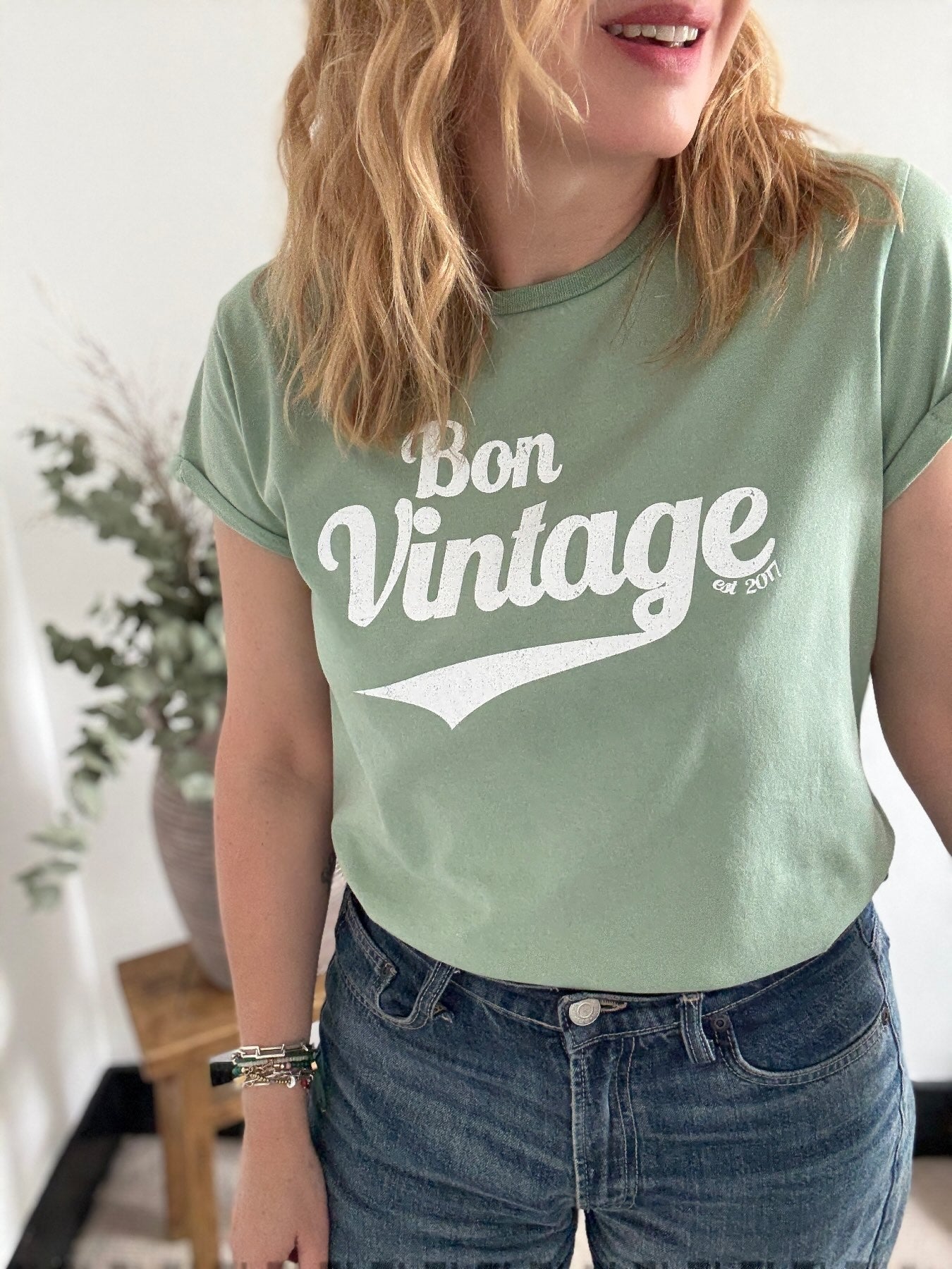 Bon Vintage Retro Tee Stone Wash Sage White