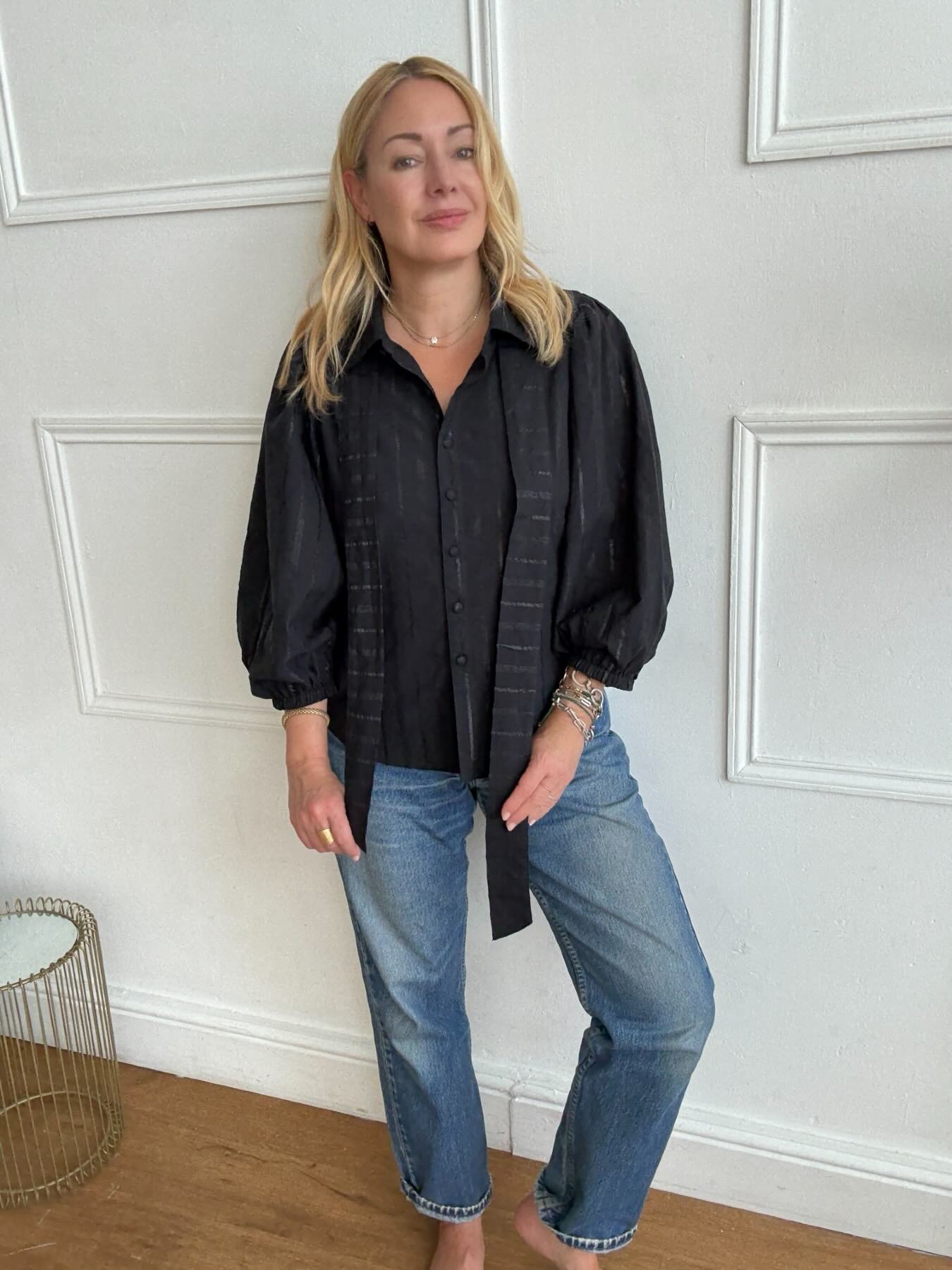 Bianca Puff Sleeve Cotton Lurex Blouse with Tie Black