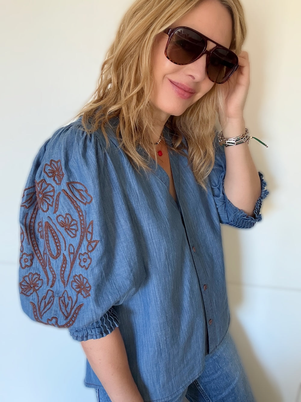 Penny Soft Denim Pleated Cuff Blouse with Embroidery