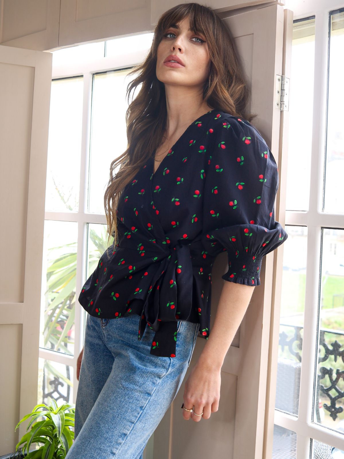 Cara Wrap Blouse with Shirred Cuff Cherry Print