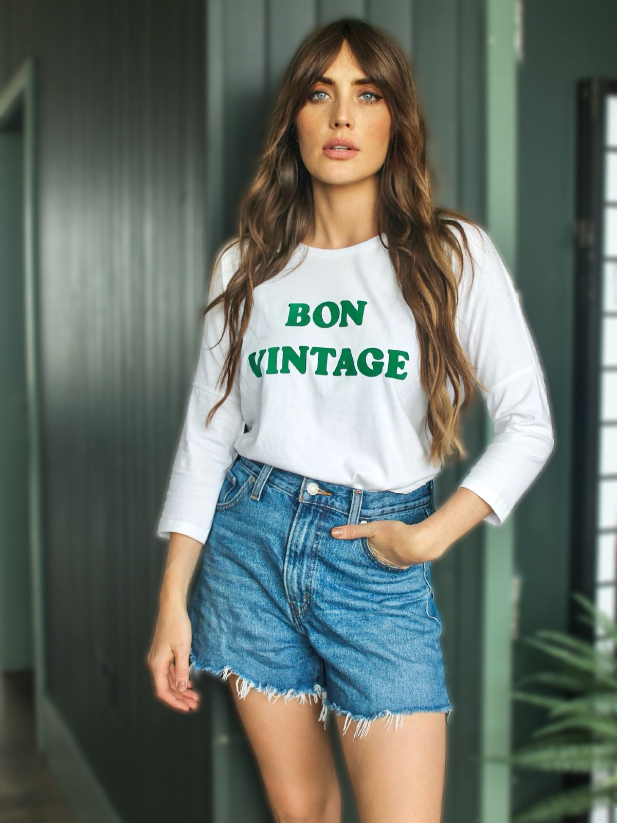 Bon Vintage 3/4 Sleeve Organic Cotton Top White Green