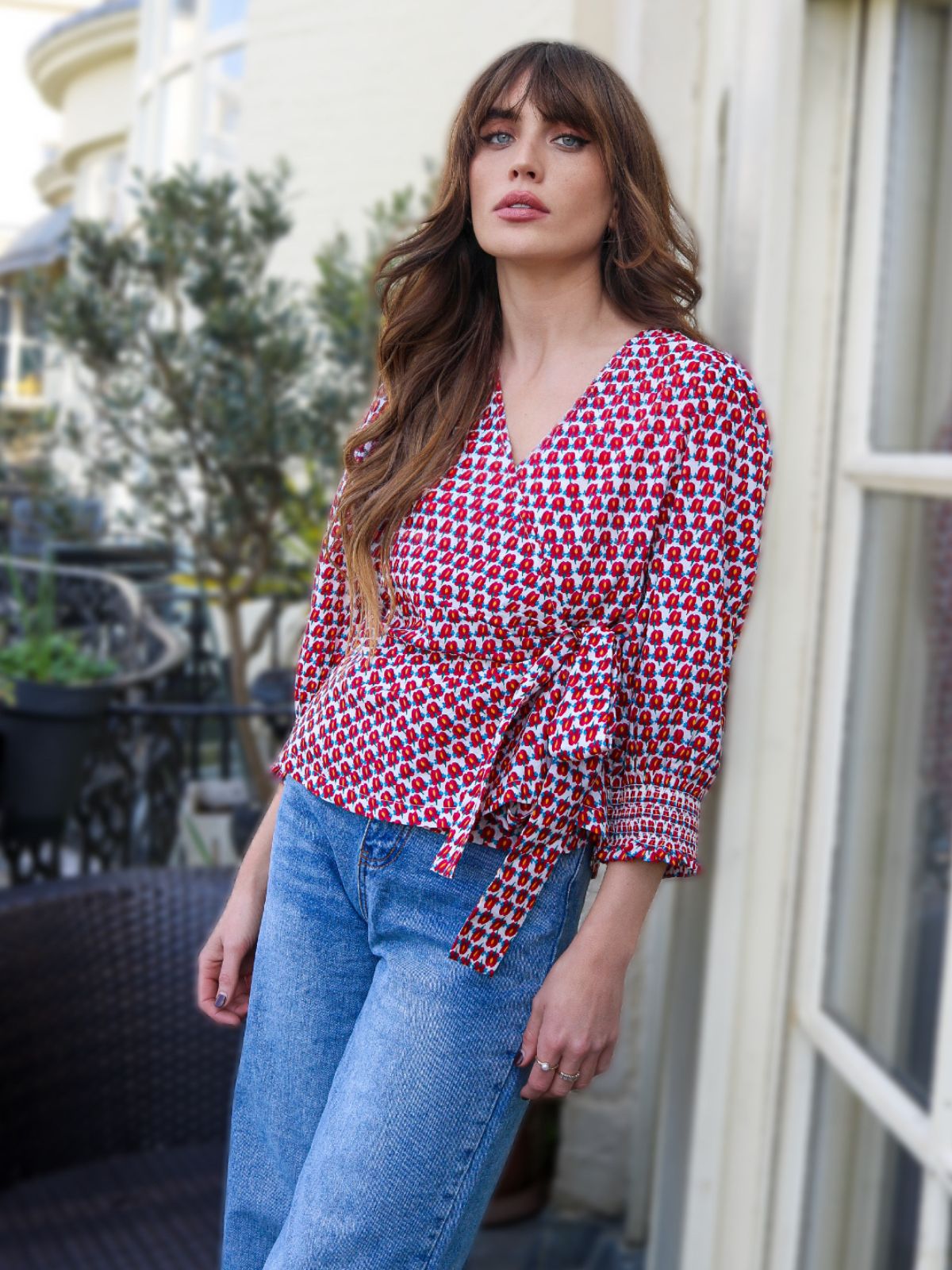 Cara Wrap Blouse with Shirred Cuff Ditsy Tulip