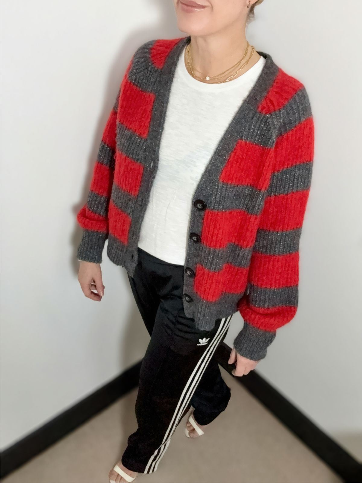 Joni Wide Stripe Wool Cardigan Red Charcoal