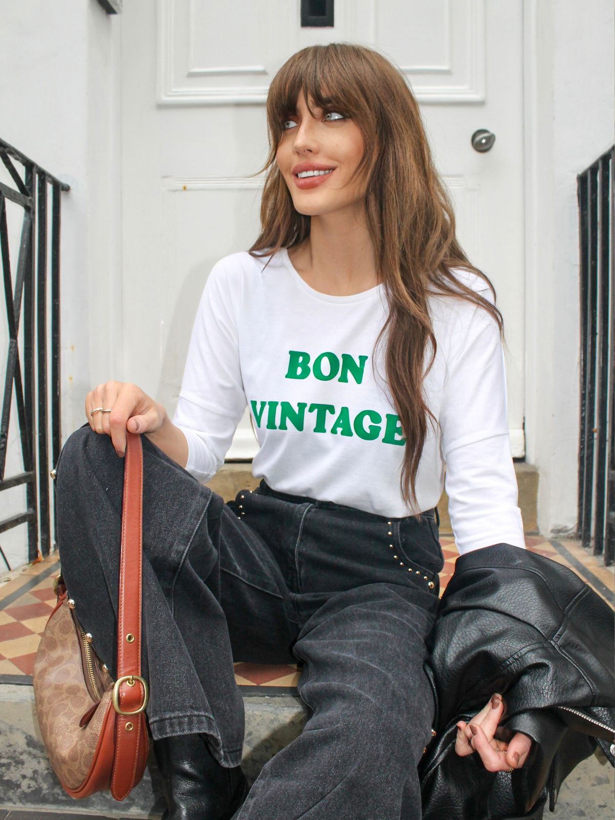 Bon Vintage 3/4 Sleeve Organic Cotton Top White Green