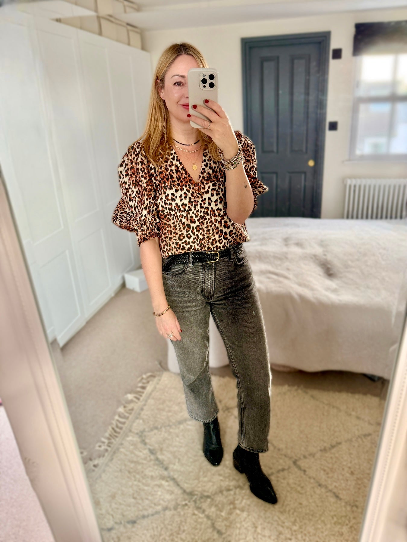 Penny Leopard Print Pleated Cuff Blouse