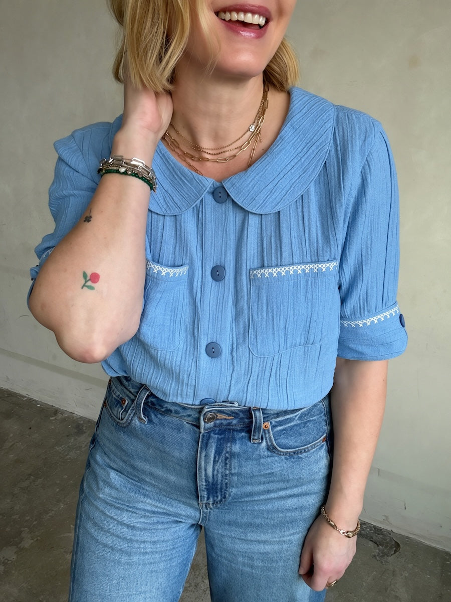 Farrah Crinkle Linen Blend Embroidered Short Sleeve Blouse Sky Blue