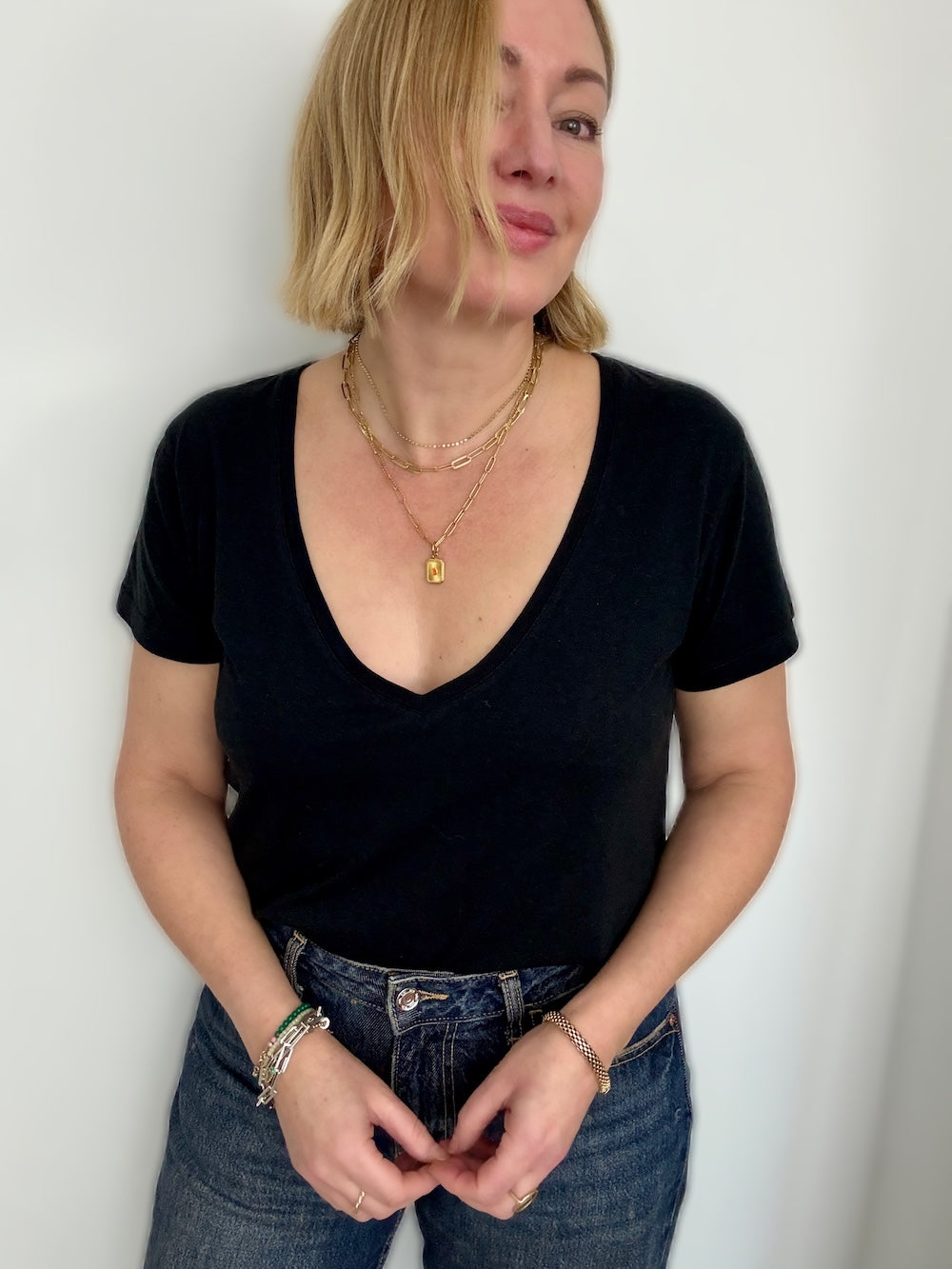 Cindy Deep V Neck Soft Bamboo T-Shirt Black