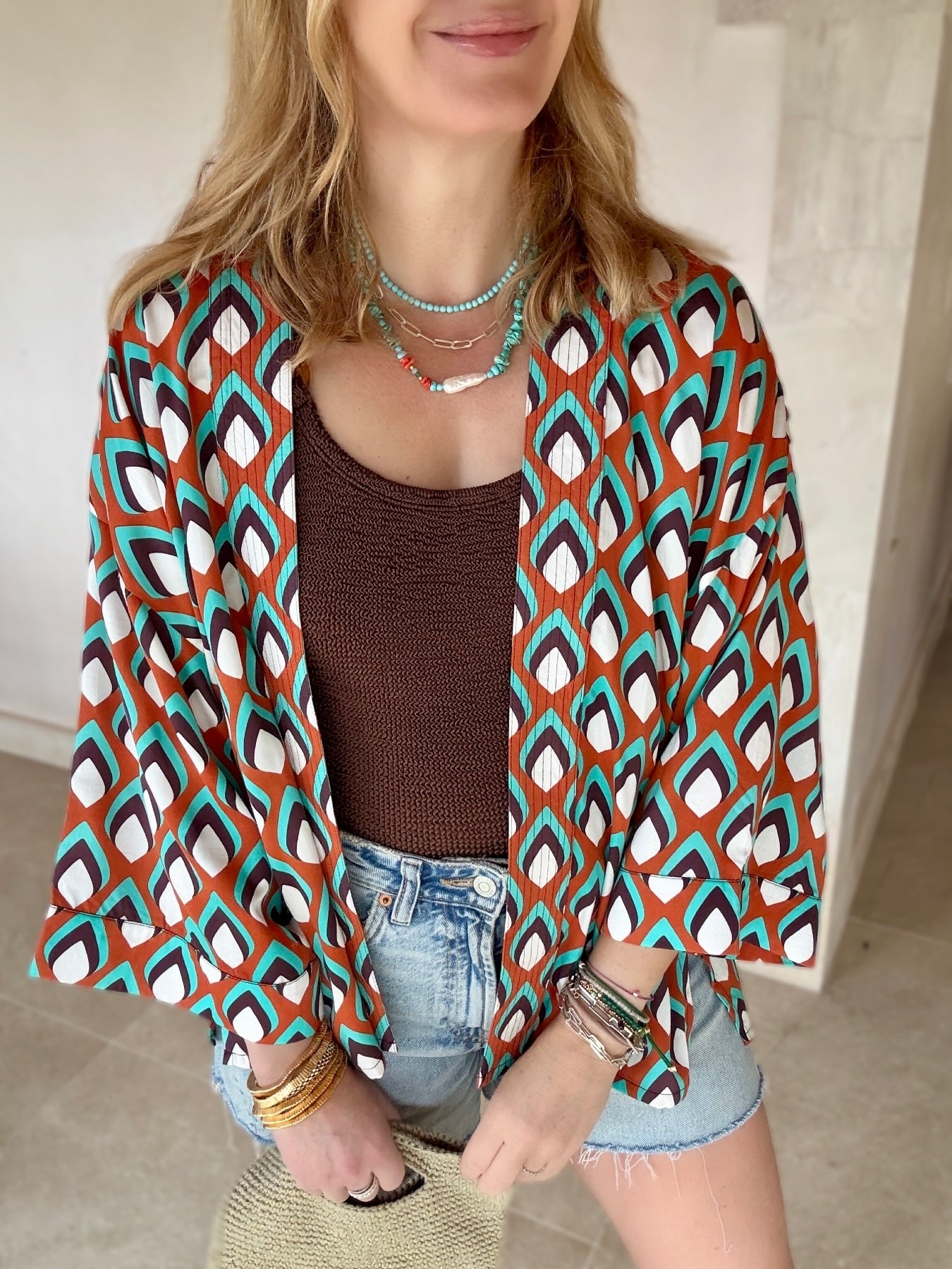 Abi Kimono Geo Print Turquoise Burnt Orange