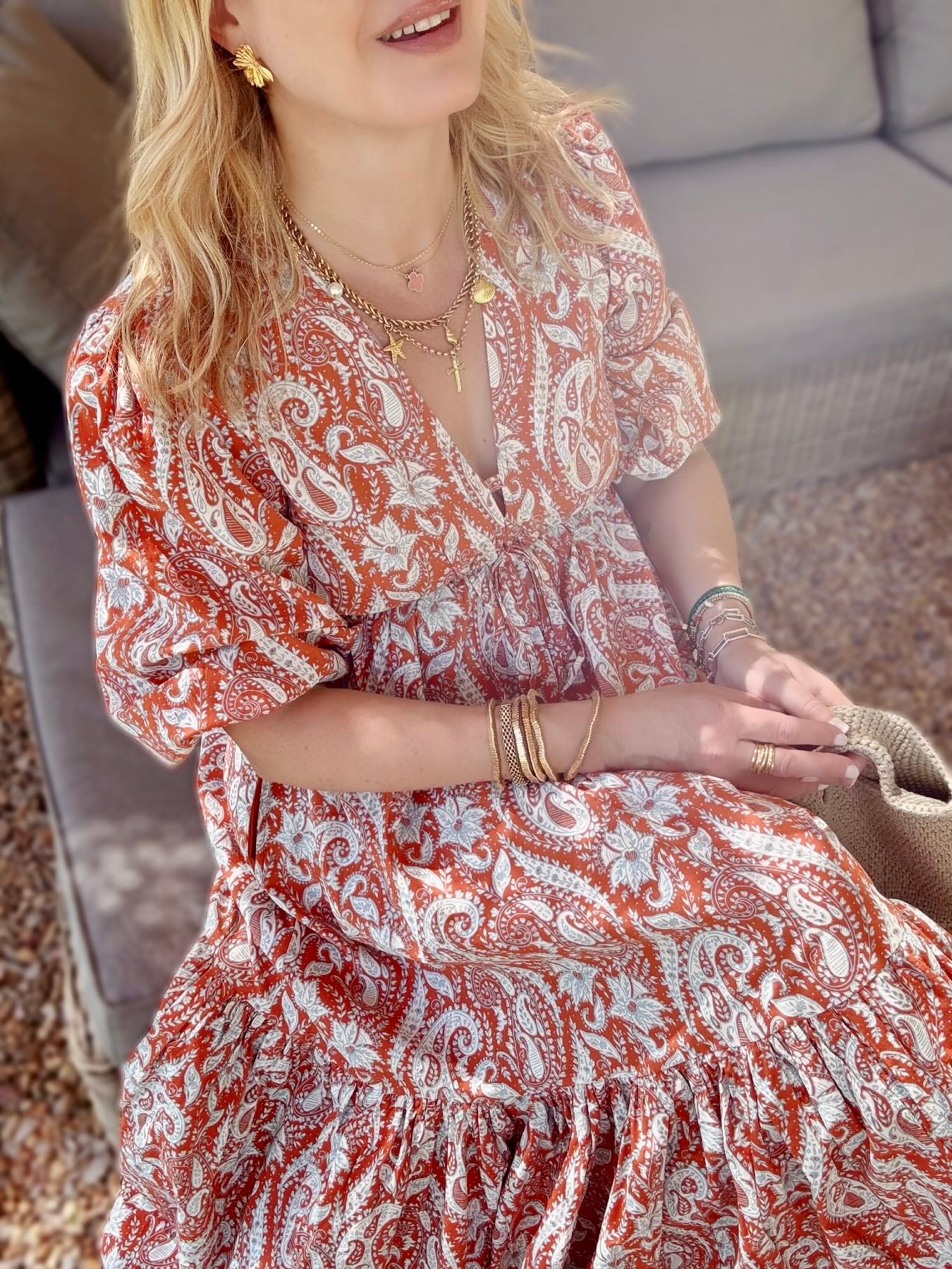 Vanessa Long Tiered Dress Floral Paisley Print Burnt Orange