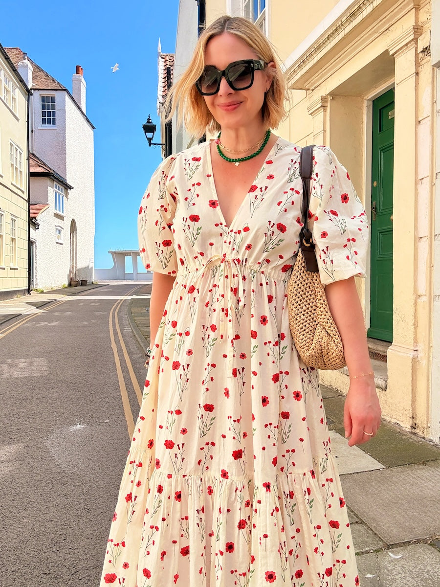 Vanessa Tiered Maxi Dress Red Stem Flower Print