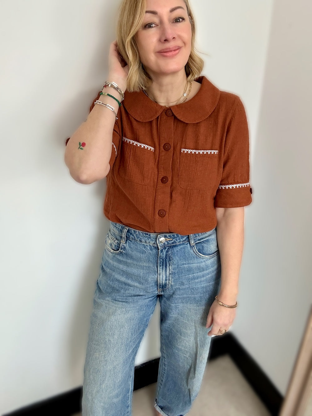 Farrah Crinkle Linen Blend Embroidered Short Sleeve Blouse Gingerbread Brown