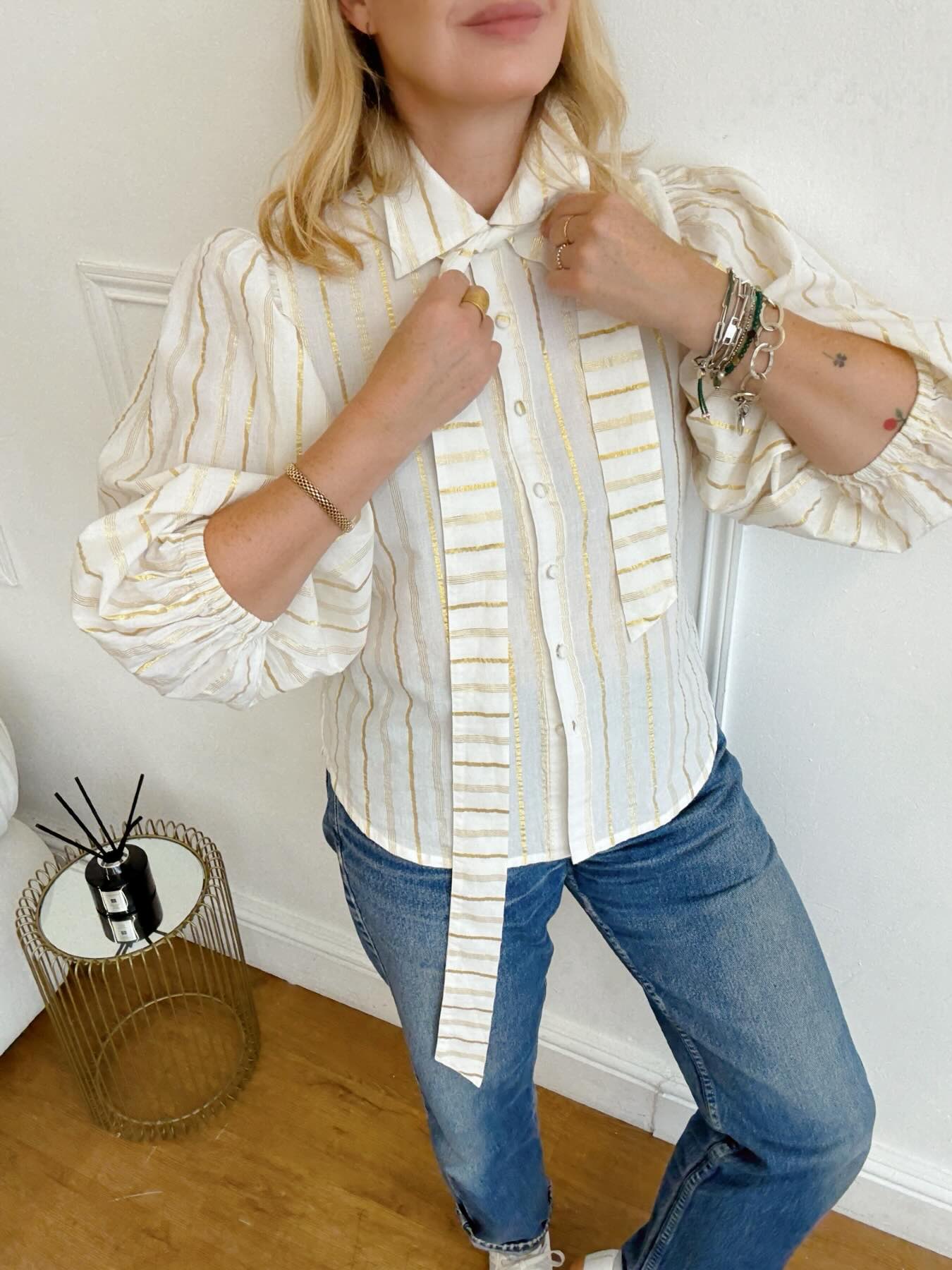 Bianca Puff Sleeve Cotton Lurex Blouse Ivory Gold