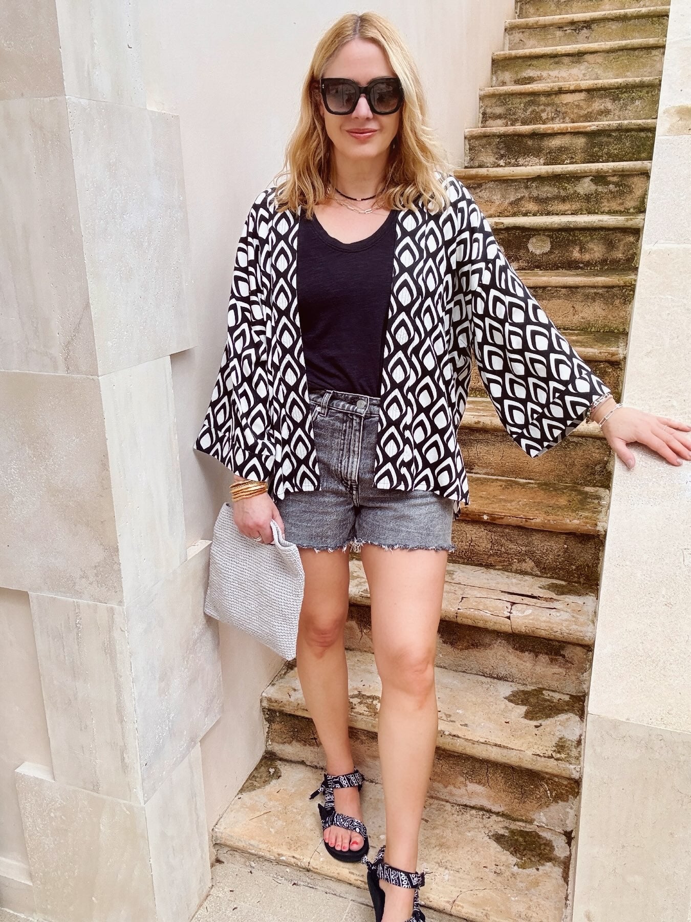 Abi Kimono Geo Print Black White