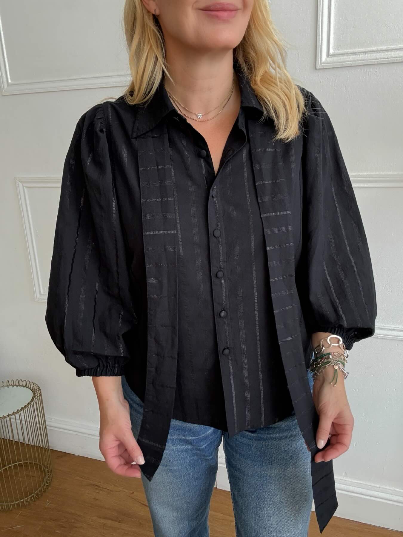 Bianca Puff Sleeve Cotton Lurex Blouse with Tie Black