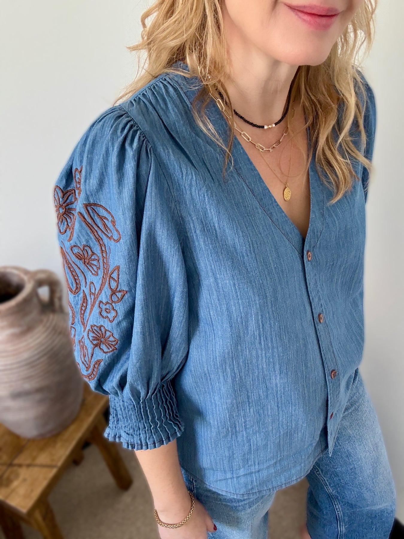 Penny Soft Denim Pleated Cuff Blouse with Embroidery