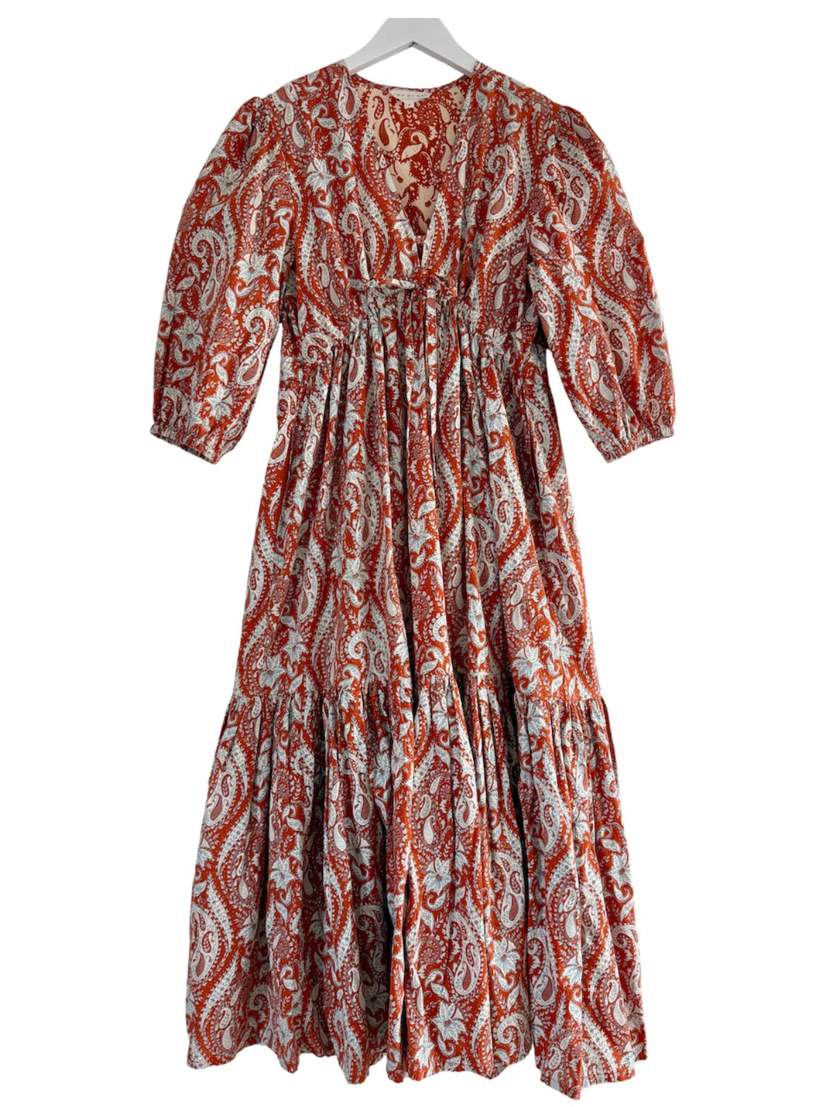 Vanessa Long Tiered Dress Floral Paisley Print Burnt Orange