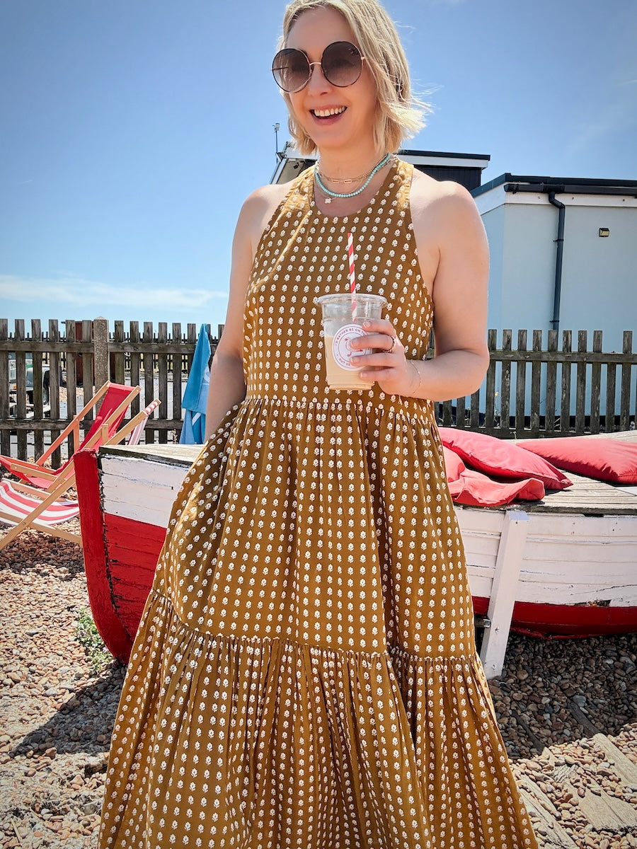 Celeste Organic Cotton Tiered Full Skirt Maxi Dress Mustard