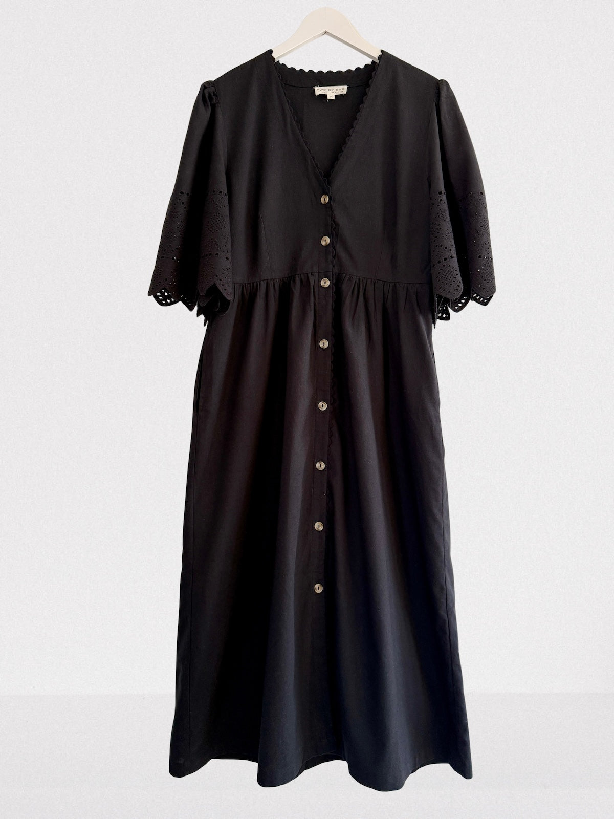 Ava Button Front Midi Dress Embroidered Sleeve Black