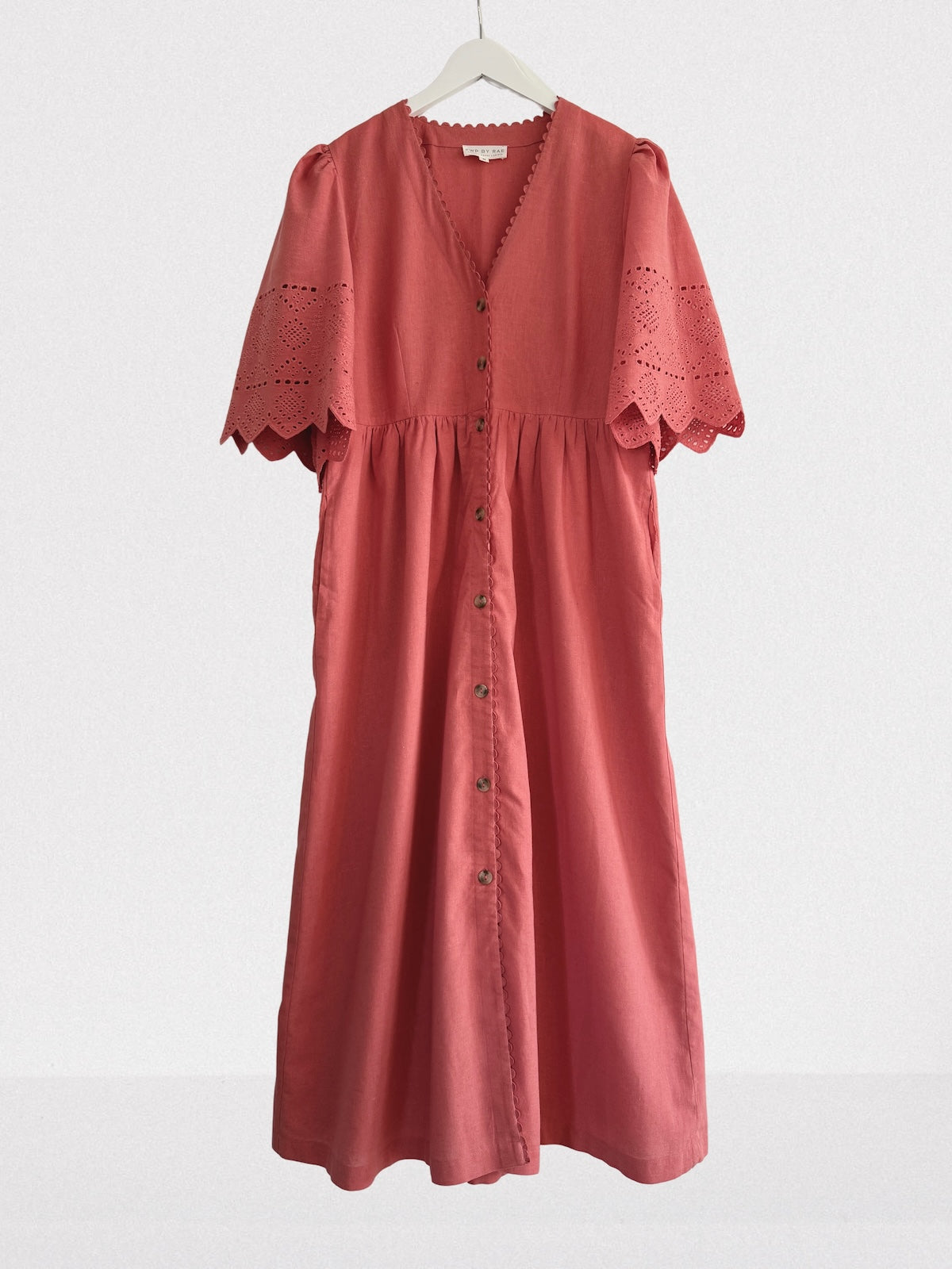 Ava Button Front Midi Dress Embroidered Sleeve Terracotta Pink