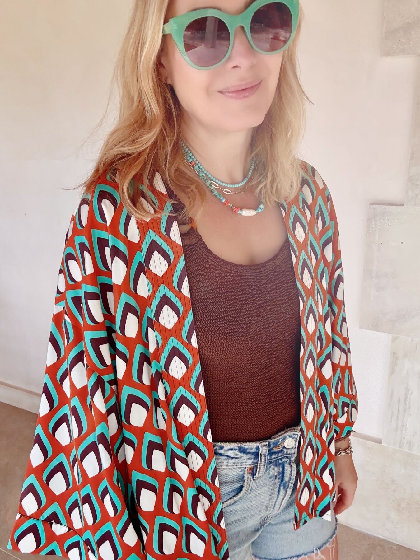 Abi Kimono Geo Print Turquoise Burnt Orange