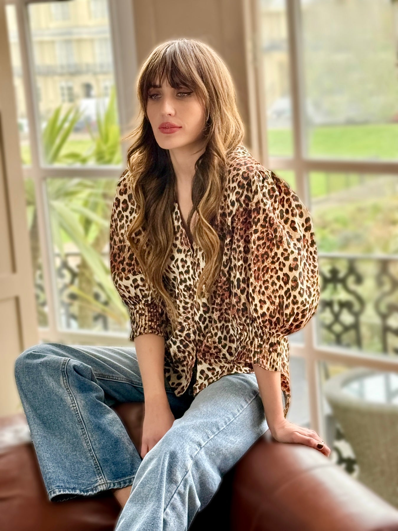 Penny Leopard Print Pleated Cuff Blouse