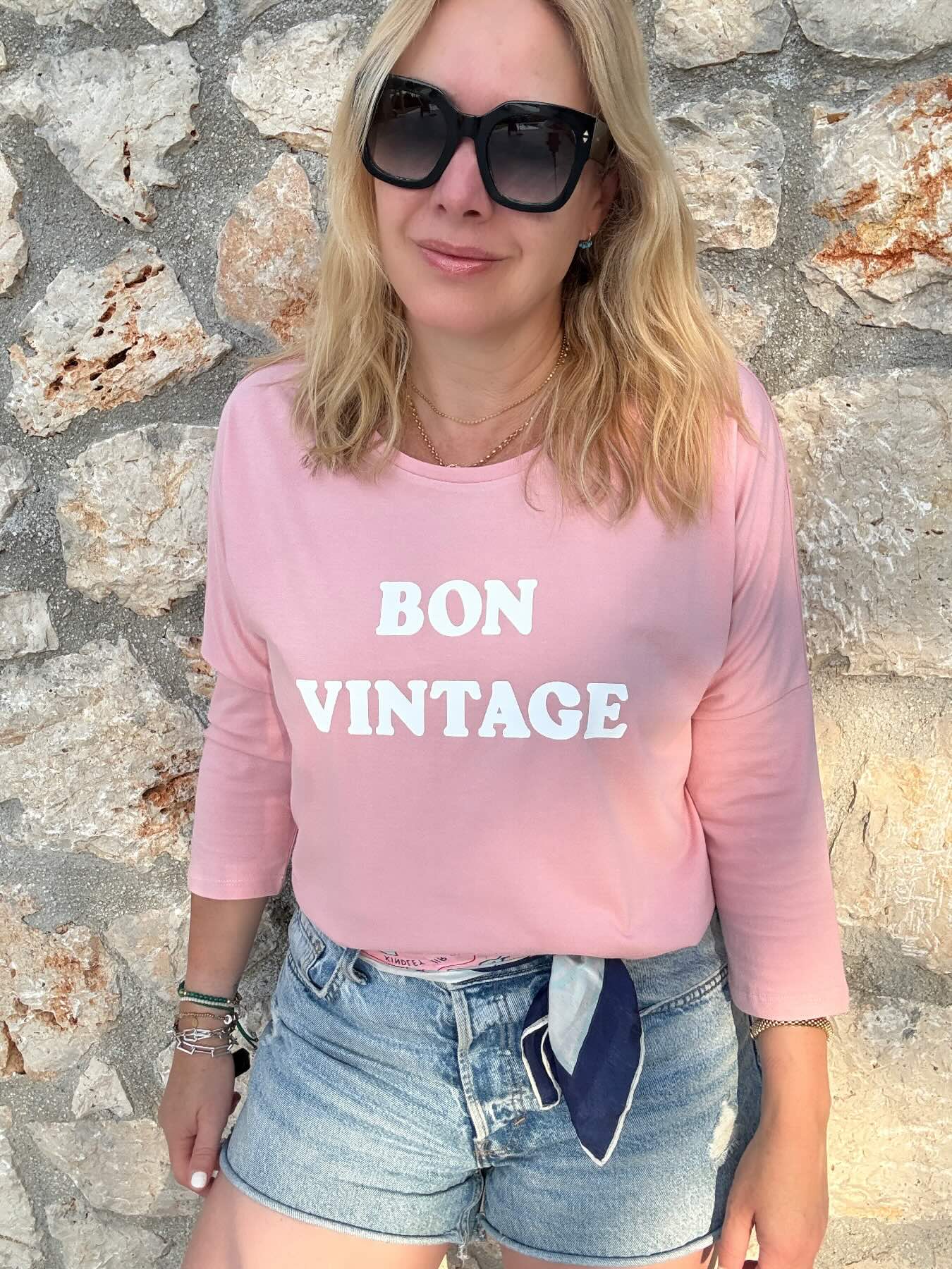 Bon Vintage 3/4 Sleeve Organic Cotton Top Pink White