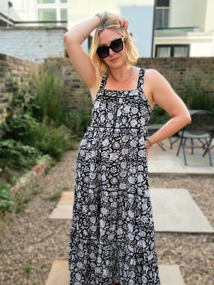 Laurel Black Block Print Organic Cotton Maxi Dress