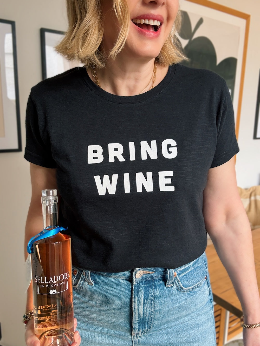 Bring Wine Black tee with white slogan